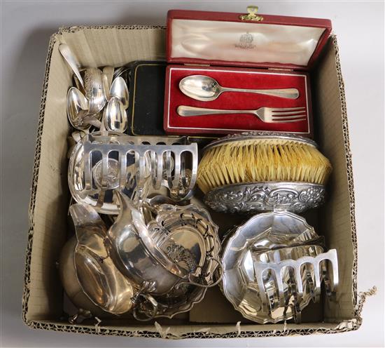 Sundry small silver including a George IV leaf wine label, toastracks, christening sets, pair of sauceboats, Indian dishes